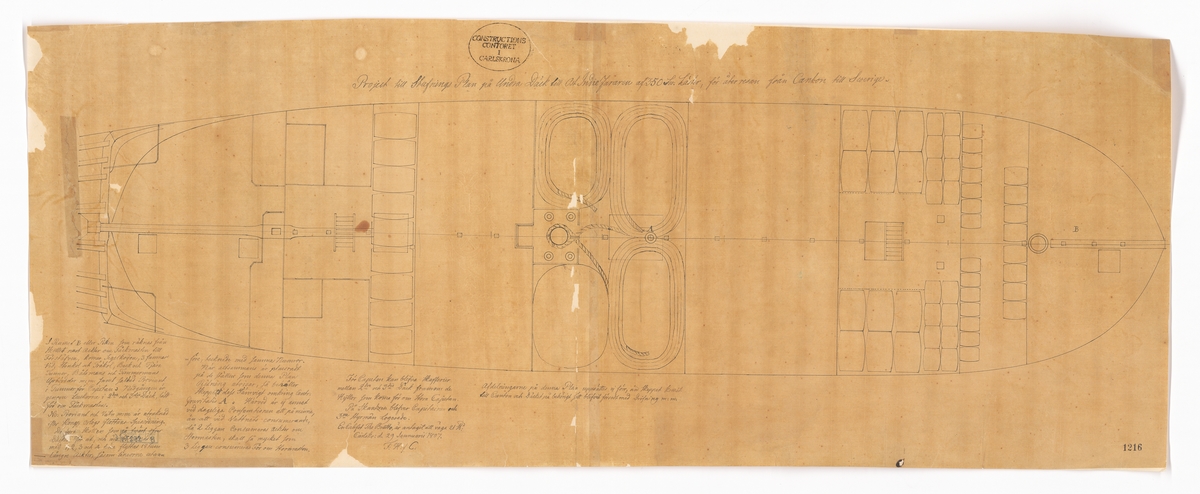 Stuvningsplan för undre däck på ostindiefarare. Ritningen visar hur te och kistor med andra varor skulle placeras i lastrummet inför hemfärd till Sverige från Kina.