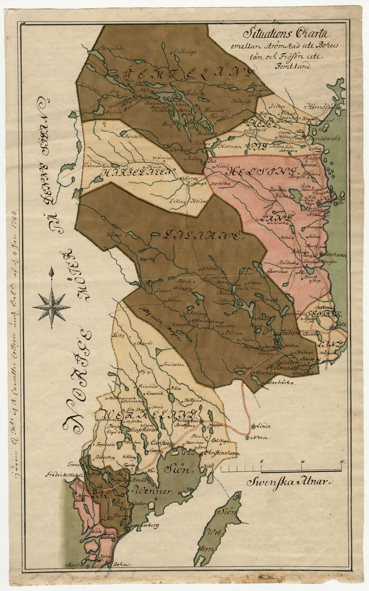 Karta över området mellan Strömstad, Bohuslän, och Frösön i Jämtland. Kartan är från 1743 och är ritad och färglagd för hand.
På kartbladets framsida finns anteckningar; "Härom Kl. Mts och R.Cancellie Collegii und. Bet:de af d. 4 jan. 1744". På bladets baksida står skrivet ett längre memorial från överpostdirektör Leonhard Klinckowström av den 30 december 1743 om föreslagen postgång mellan Frösö och Strömstad.