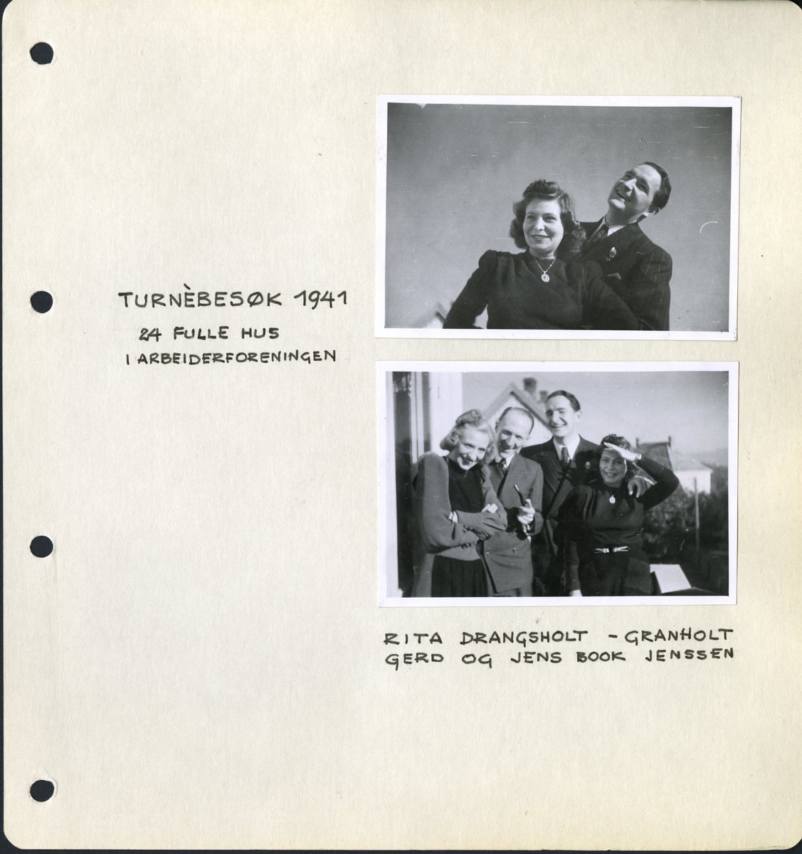 Fra familiealbum. Fotografi av sangerinne Rita Drangsholt fra venstre, Sverre Granholt, Gerd og sanger Jens Book- Jenssen fra et turnébesøk i Trondheim i 1941. Ved fotografiet står det: "24 fulle hus i arbeiderforeningen."