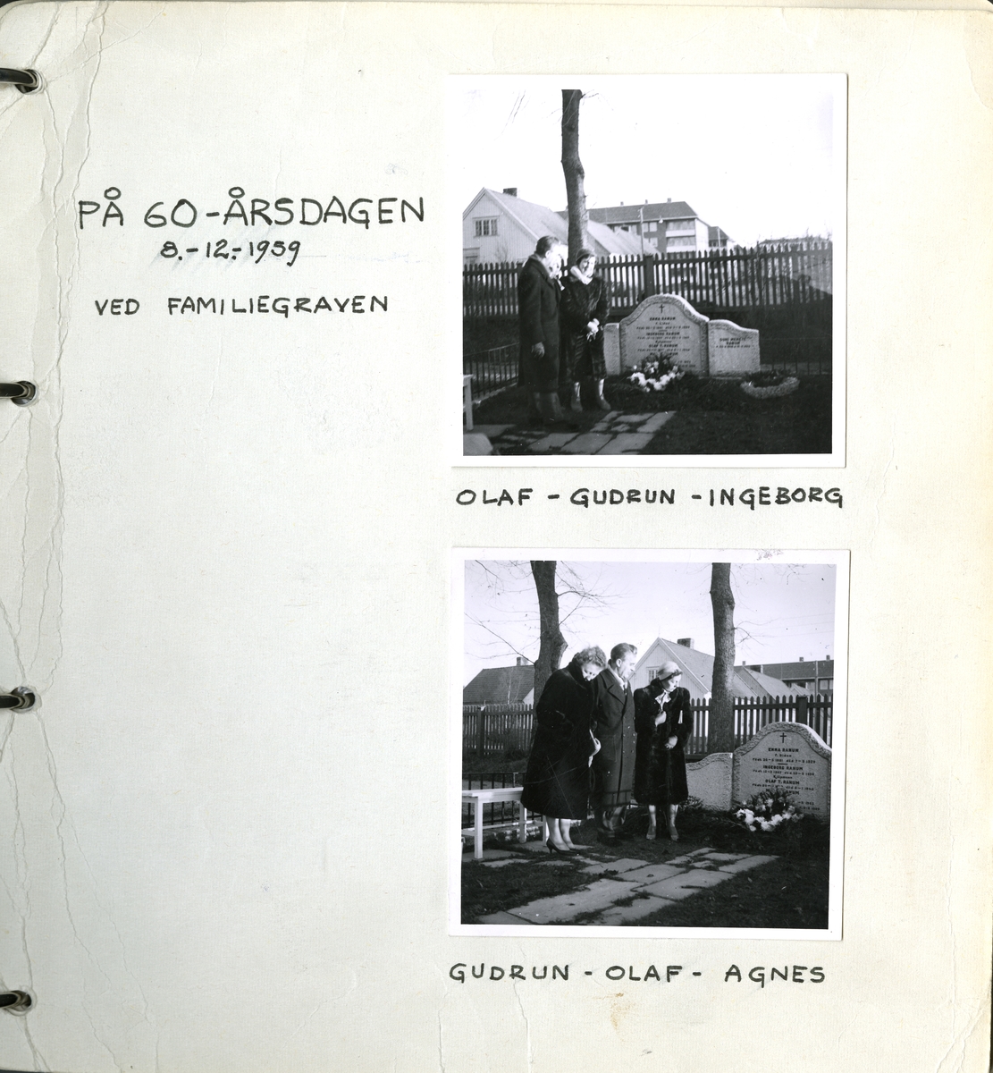 Ved familiegraven i anledning butikkens 60-års jubileum. 08.12.1959.
Fra venstre Gundrun, Olaf og Ingeborg.