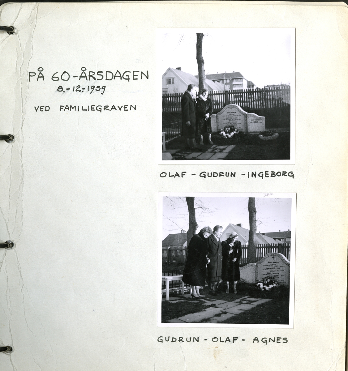 Ved familiegraven i anledning butikkens 60-års jubileum. 08.12.1959.
Fra venstre Gundrun, Olaf og Agnes