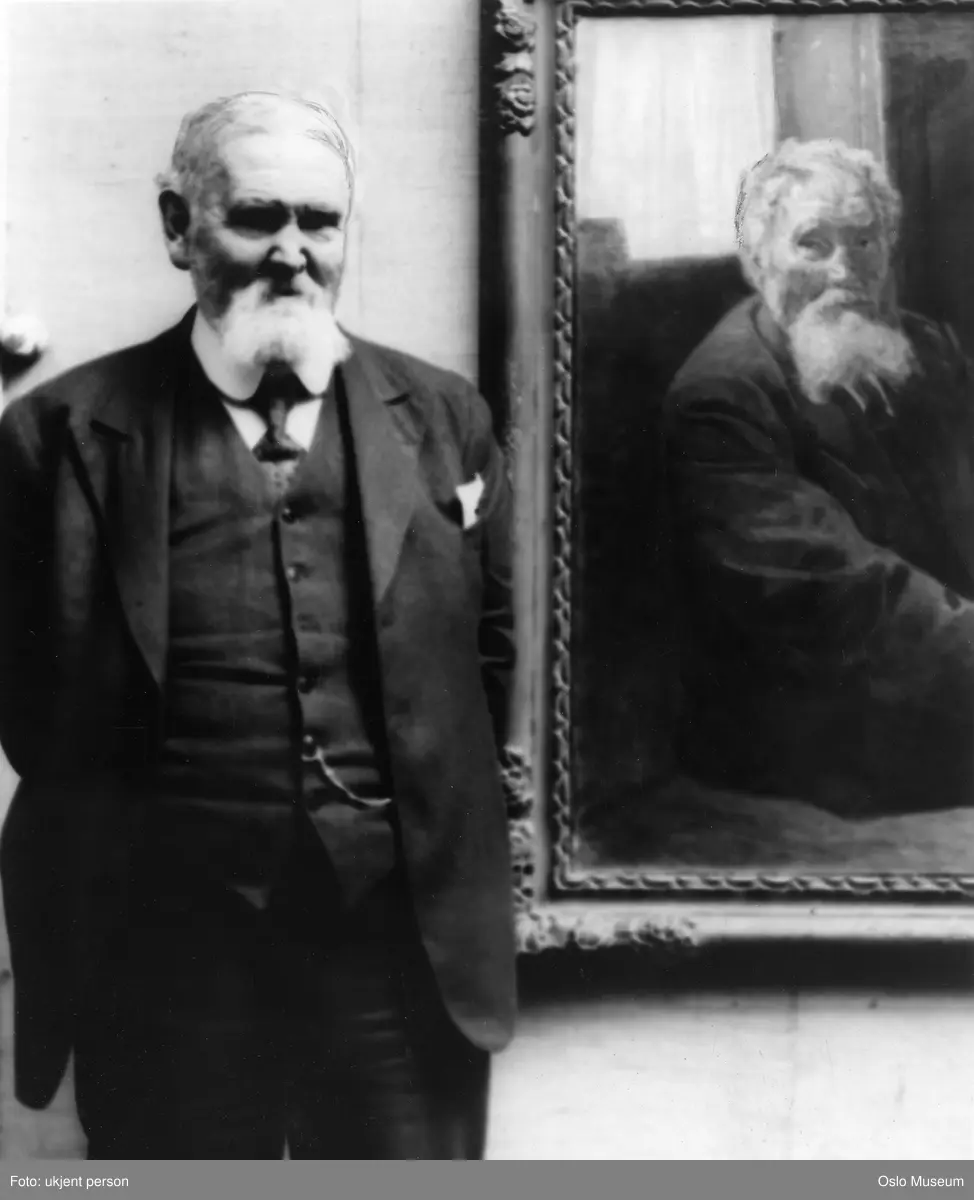 portrett, mann, kunstmaler, stående knefigur ved maleri