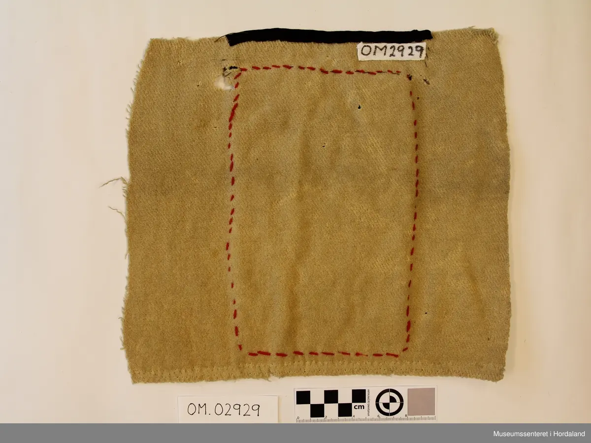 Rektangulært broderi på kvadratisk bakstykke. Plattsaum (halve kross-sting) i fleire retningar sydd på stramei. Nokre usydde og utslitte område. Raud hovudfarge. Diverse geometriske figurar og ei slags åttebladrose i midten. Bord nede  og oppe. Broderistoffet går litt nedom den nederste borda. Svart kant oppe. Alt er sydd på eit ullstoff vove i kypert. Fleire hol.