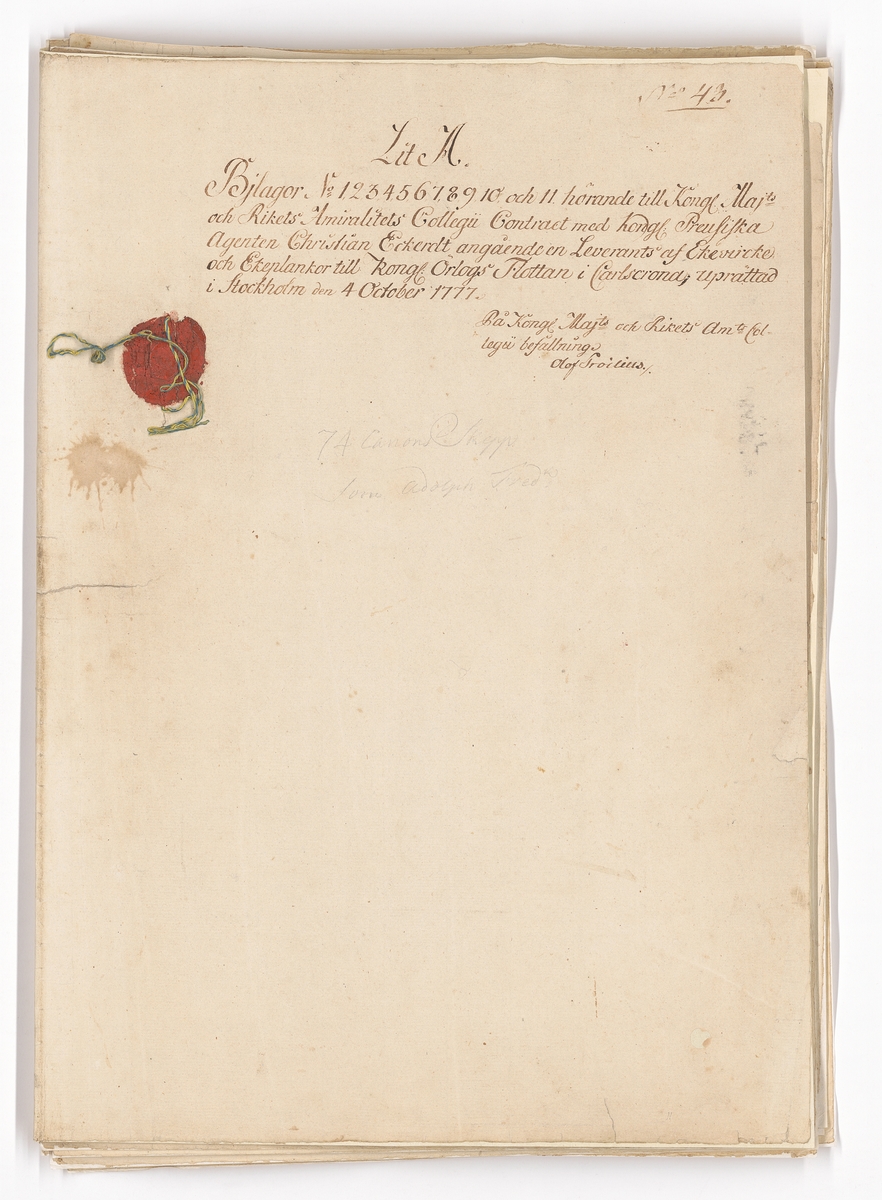 11 st ritningar och tabeller, samtliga signerade F.H. af Chapman 1777. Bilaga till kontrakt rörande leverans från Preussen av krumtimmer och ekplantor till bottenstockar och andra skrovdelar för linjeskepp.