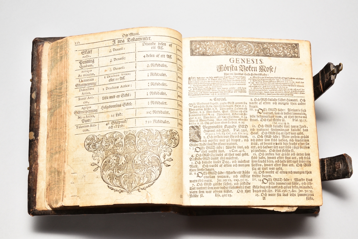 Bibel med band av skinn, rygg med fyra upphöjda bind. Två bokspännen av skinn och mässingsknäppen.