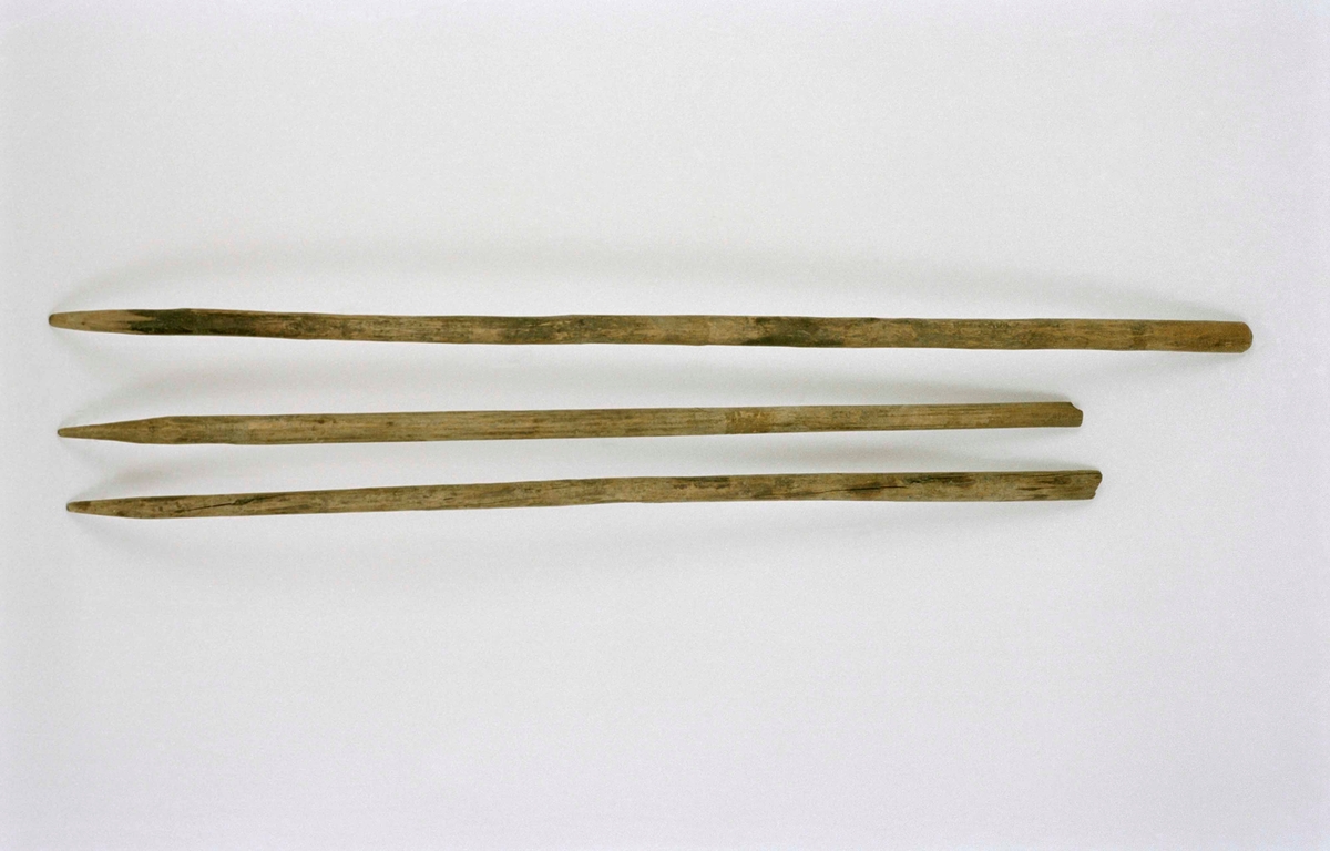 Talgspett, tre stycken, av granpinnar, avbarkade, tillspetsade i ena ändan.