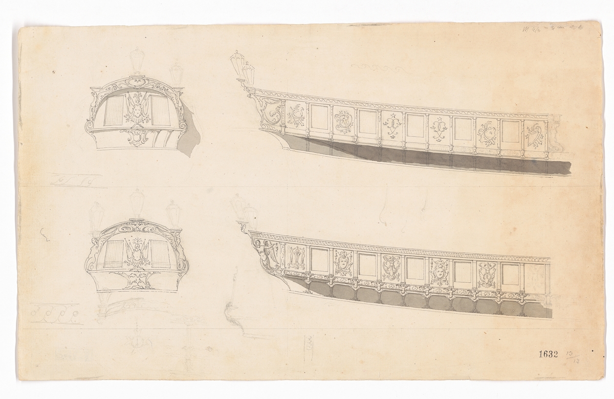 Skiss till akterspegel och låring på kunglig galär.