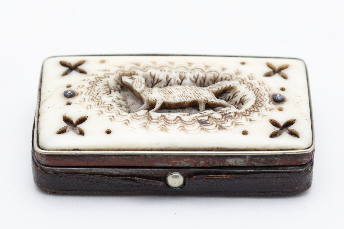 Snusdåse, stål trukket med skinn, lokk utskåret ben, hund i midten. Muligens 1840-årene fra Sørfondens samling.