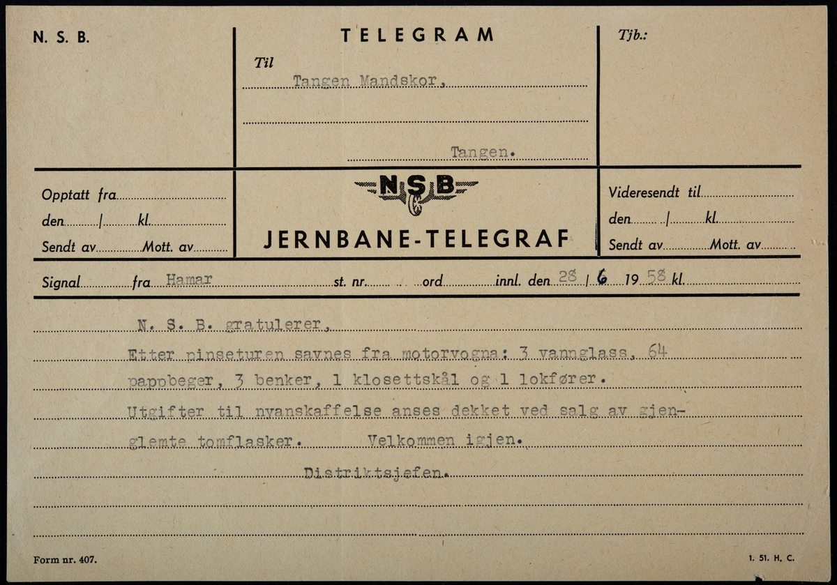 Telegram N.S.B. Til Tangen Mannskor.
