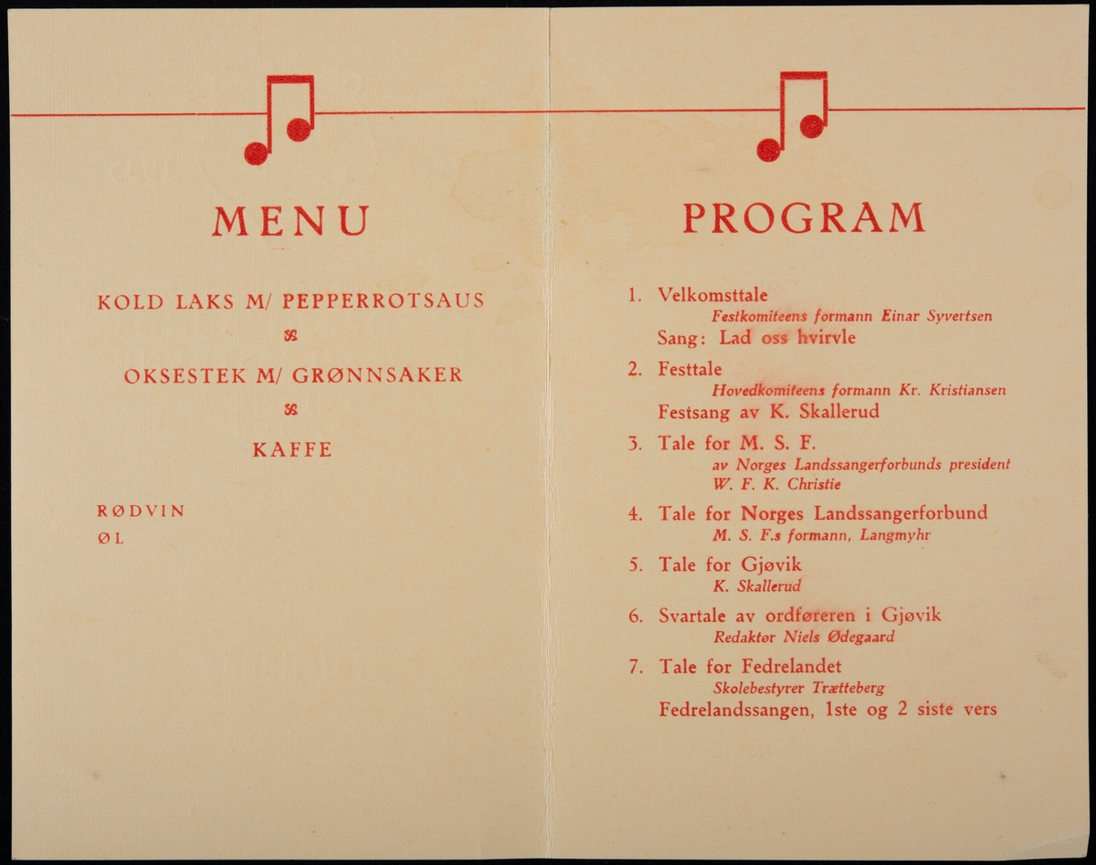 Program. Meny. "Mjøsegnenes Sangerforbunds Jubileumsstevne Gjøvik" 1908-1933. Meny