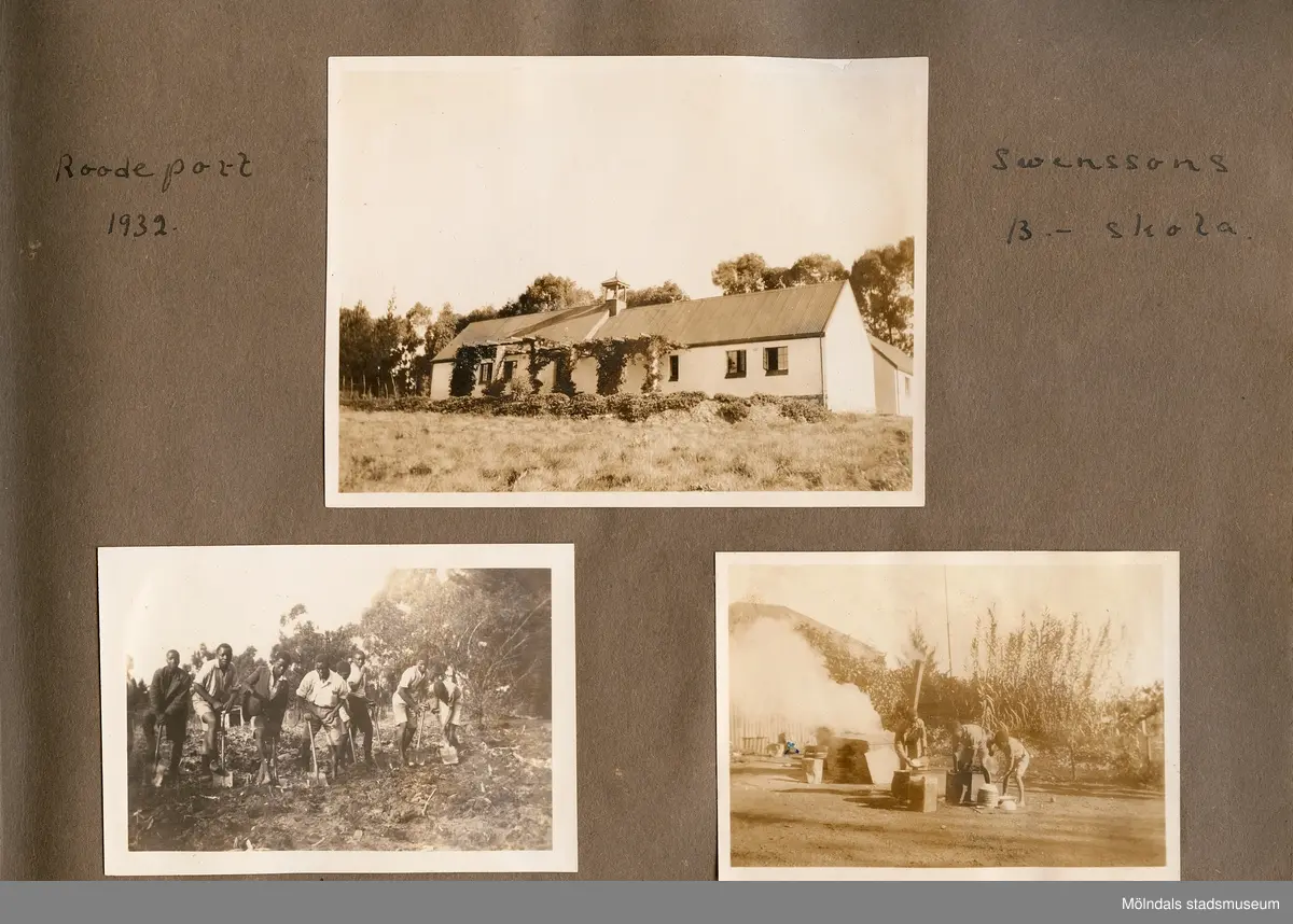 Fotografialbum som tillhört missionären Helga Andreasson. Albumet börjar med bilder från Roodeport 1932.

Helga Andreasson växte upp i Mölndal och efter avslutad skolgång utbildade hon sig till sjuksköterska och diakonissa vid Bräcke diakonianstalt. År 1931 reste hon ut till Zululand i Sydafrika och arbetade där som missionär för Svenska Kyrkans Mission. I närmare 40 år kom Helga Andreasson att arbeta i Sydafrika med kyrka och mission. 

Givaren Lilly Nygren är syster till Helga Andreasson, som var äldsta systern i en barnskara av sex.
Foton, diabilder, böcker mm. efter Helga Andreasson finns förvarade i Föreningsarkivet i Mölndal.