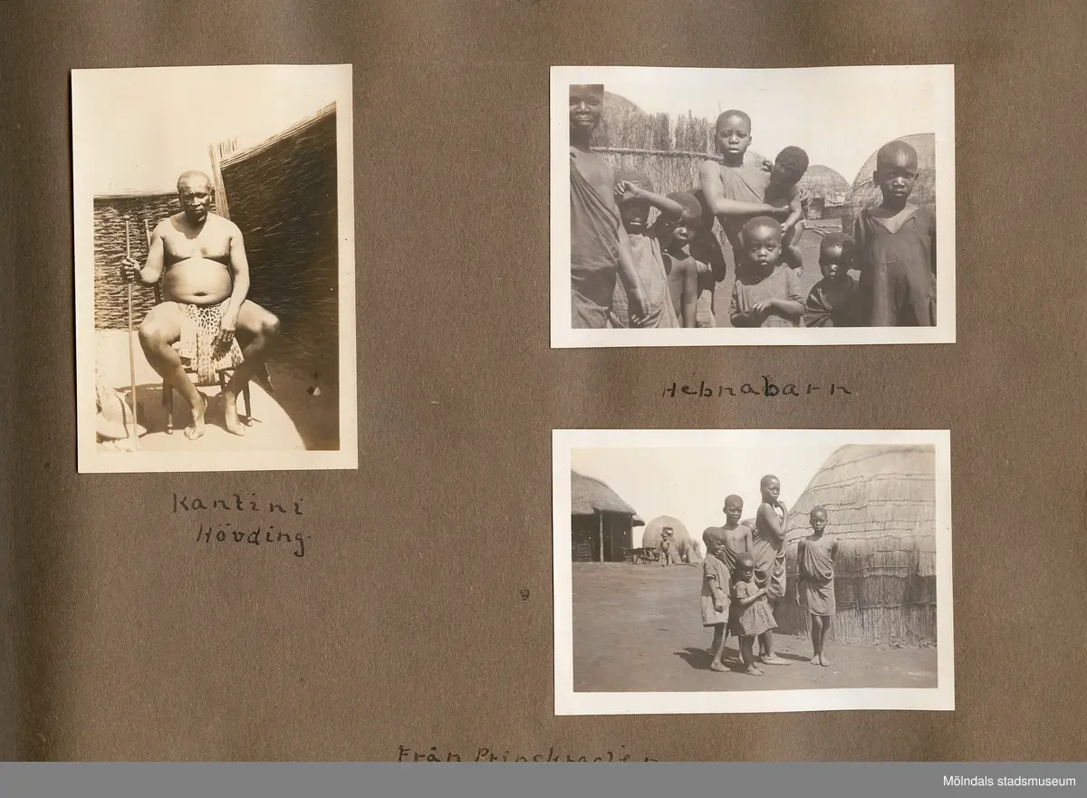 Fotografialbum som tillhört missionären Helga Andreasson. Albumet börjar med bilder från Roodeport 1932.

Helga Andreasson växte upp i Mölndal och efter avslutad skolgång utbildade hon sig till sjuksköterska och diakonissa vid Bräcke diakonianstalt. År 1931 reste hon ut till Zululand i Sydafrika och arbetade där som missionär för Svenska Kyrkans Mission. I närmare 40 år kom Helga Andreasson att arbeta i Sydafrika med kyrka och mission. 

Givaren Lilly Nygren är syster till Helga Andreasson, som var äldsta systern i en barnskara av sex.
Foton, diabilder, böcker mm. efter Helga Andreasson finns förvarade i Föreningsarkivet i Mölndal.