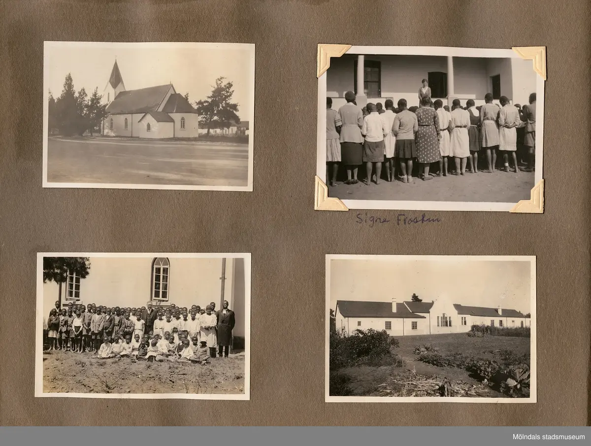 Fotografialbum som tillhört missionären Helga Andreasson. Albumet börjar med bilder från Roodeport 1932.

Helga Andreasson växte upp i Mölndal och efter avslutad skolgång utbildade hon sig till sjuksköterska och diakonissa vid Bräcke diakonianstalt. År 1931 reste hon ut till Zululand i Sydafrika och arbetade där som missionär för Svenska Kyrkans Mission. I närmare 40 år kom Helga Andreasson att arbeta i Sydafrika med kyrka och mission. 

Givaren Lilly Nygren är syster till Helga Andreasson, som var äldsta systern i en barnskara av sex.
Foton, diabilder, böcker mm. efter Helga Andreasson finns förvarade i Föreningsarkivet i Mölndal.