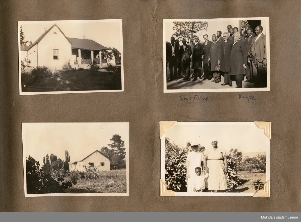 Fotografialbum som tillhört missionären Helga Andreasson. Albumet börjar med bilder från Roodeport 1932.

Helga Andreasson växte upp i Mölndal och efter avslutad skolgång utbildade hon sig till sjuksköterska och diakonissa vid Bräcke diakonianstalt. År 1931 reste hon ut till Zululand i Sydafrika och arbetade där som missionär för Svenska Kyrkans Mission. I närmare 40 år kom Helga Andreasson att arbeta i Sydafrika med kyrka och mission. 

Givaren Lilly Nygren är syster till Helga Andreasson, som var äldsta systern i en barnskara av sex.
Foton, diabilder, böcker mm. efter Helga Andreasson finns förvarade i Föreningsarkivet i Mölndal.