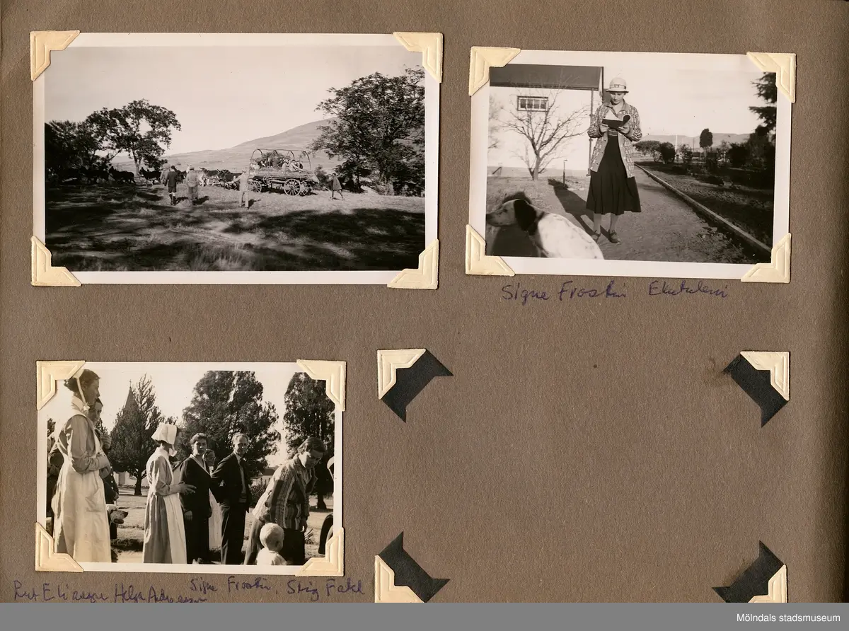 Fotografialbum som tillhört missionären Helga Andreasson. Albumet börjar med bilder från Roodeport 1932.

Helga Andreasson växte upp i Mölndal och efter avslutad skolgång utbildade hon sig till sjuksköterska och diakonissa vid Bräcke diakonianstalt. År 1931 reste hon ut till Zululand i Sydafrika och arbetade där som missionär för Svenska Kyrkans Mission. I närmare 40 år kom Helga Andreasson att arbeta i Sydafrika med kyrka och mission. 

Givaren Lilly Nygren är syster till Helga Andreasson, som var äldsta systern i en barnskara av sex.
Foton, diabilder, böcker mm. efter Helga Andreasson finns förvarade i Föreningsarkivet i Mölndal.