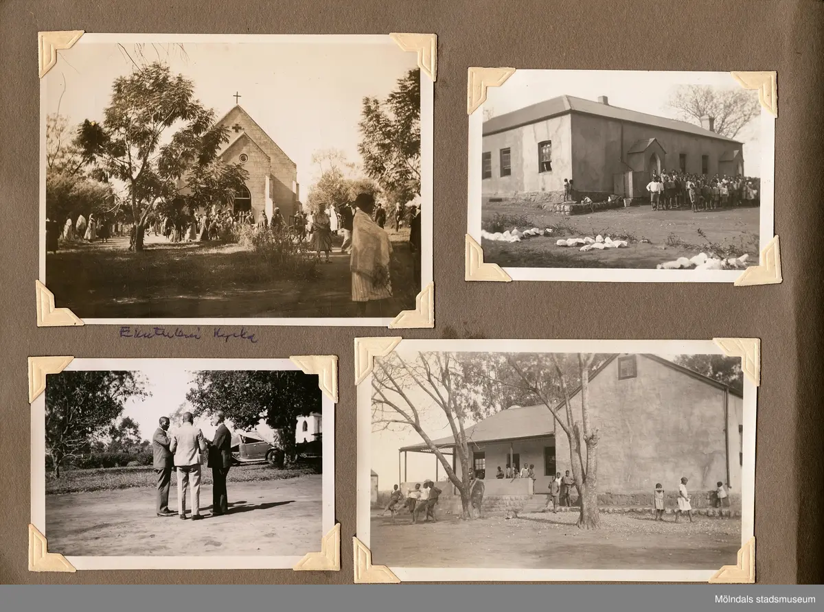 Fotografialbum som tillhört missionären Helga Andreasson. Albumet börjar med bilder från Roodeport 1932.

Helga Andreasson växte upp i Mölndal och efter avslutad skolgång utbildade hon sig till sjuksköterska och diakonissa vid Bräcke diakonianstalt. År 1931 reste hon ut till Zululand i Sydafrika och arbetade där som missionär för Svenska Kyrkans Mission. I närmare 40 år kom Helga Andreasson att arbeta i Sydafrika med kyrka och mission. 

Givaren Lilly Nygren är syster till Helga Andreasson, som var äldsta systern i en barnskara av sex.
Foton, diabilder, böcker mm. efter Helga Andreasson finns förvarade i Föreningsarkivet i Mölndal.