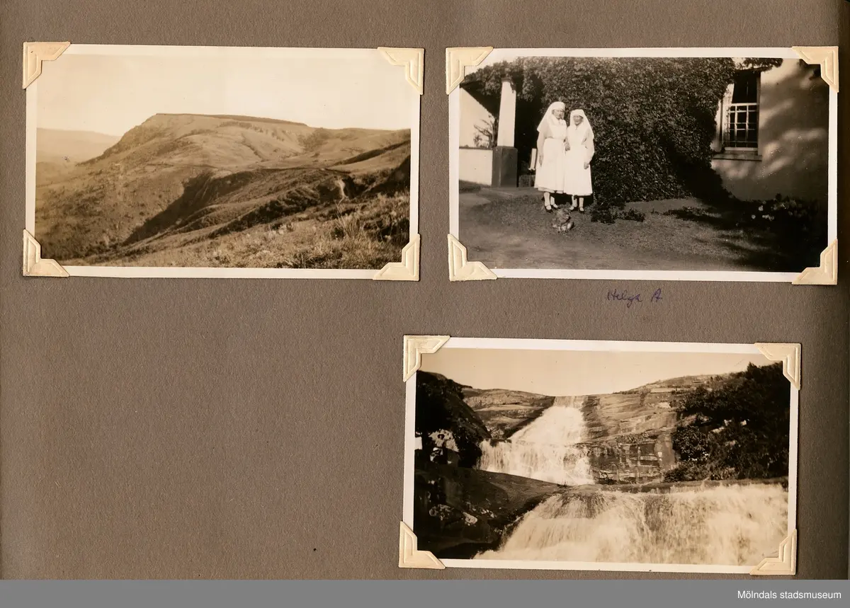Fotografialbum som tillhört missionären Helga Andreasson. Albumet börjar med bilder från Roodeport 1932.

Helga Andreasson växte upp i Mölndal och efter avslutad skolgång utbildade hon sig till sjuksköterska och diakonissa vid Bräcke diakonianstalt. År 1931 reste hon ut till Zululand i Sydafrika och arbetade där som missionär för Svenska Kyrkans Mission. I närmare 40 år kom Helga Andreasson att arbeta i Sydafrika med kyrka och mission. 

Givaren Lilly Nygren är syster till Helga Andreasson, som var äldsta systern i en barnskara av sex.
Foton, diabilder, böcker mm. efter Helga Andreasson finns förvarade i Föreningsarkivet i Mölndal.
