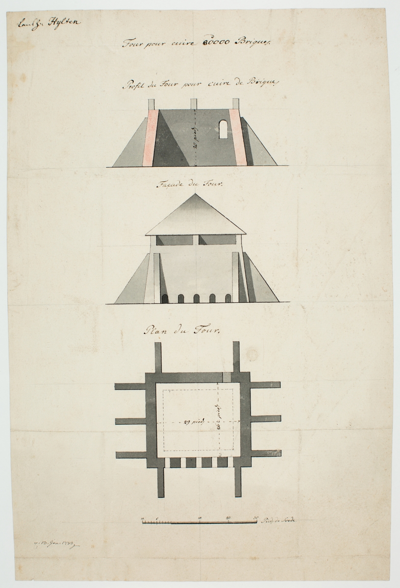 Ritning. Tegelugn. Hyltén. 13 januari 1738.  Ur Carl Johan Cronstedts samling.