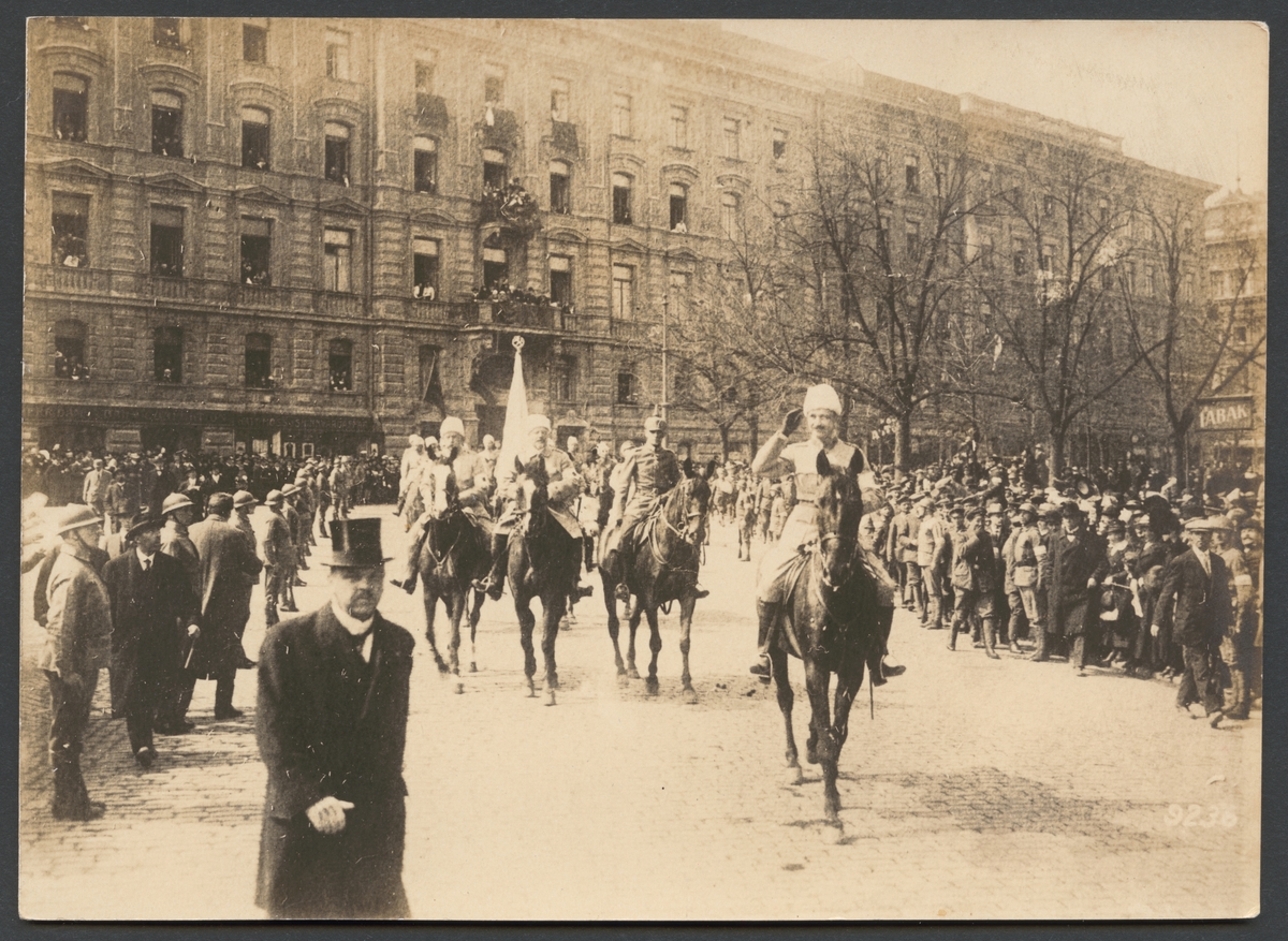 Bilden visar Carl Gustaf Emil Mannerheim i spetsen av en militär parad. Efter honom följer tre soldater till häst och kavalleri. Långa kedjor av soldater i givakt ställning skyddar paraden mot folkmassan.