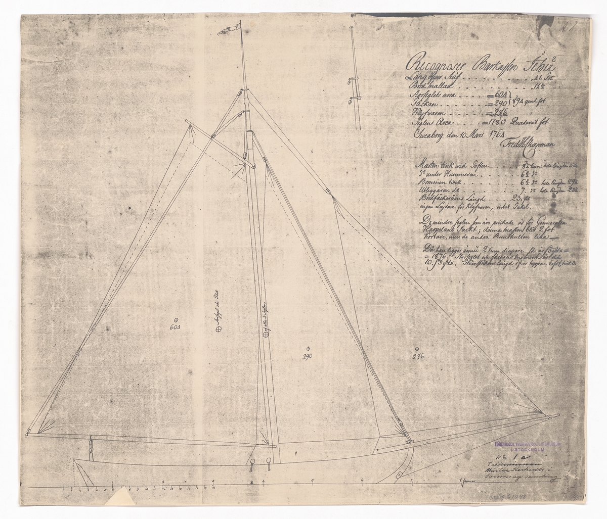 Segelritning till segelbarkass.