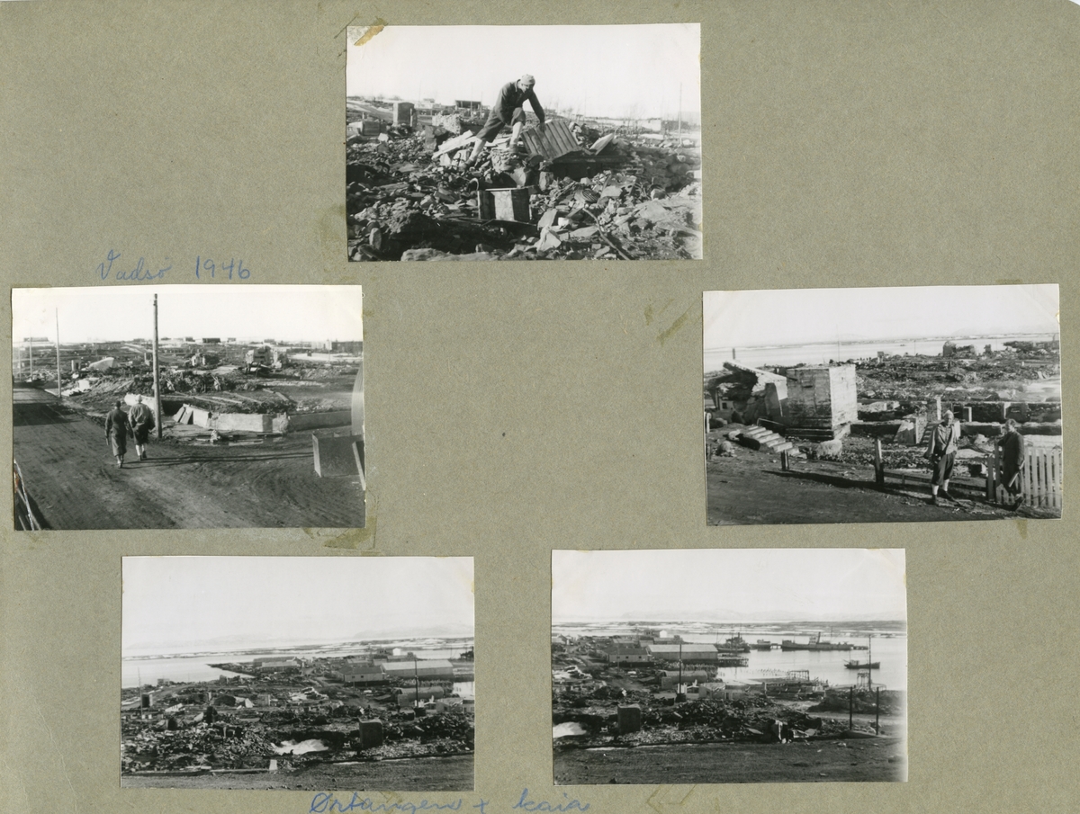 Vadsø sentrum mot havnen i ruiner etter storbombingen under Andre verdenskrig, 1946.
