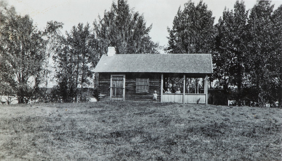Utflukt til Doktorholmen i Rokosjøen, Løten. Tømmerhytte. 3 barn, ukjent.
