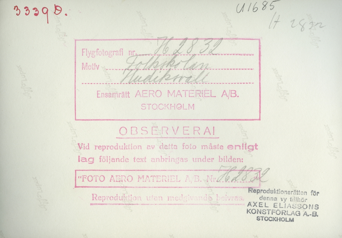 Flygfoto över folkskolan i Hudiksvall.