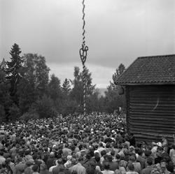 Motiv: (ingen anteckning) ;
En folksamling står kring en midsommarstång, en folksamling vid ett hus, en kyrkbåt ros av kvinnor och män i folkdräkt, en folksamling står vid en brygga med en kyrkbåt.