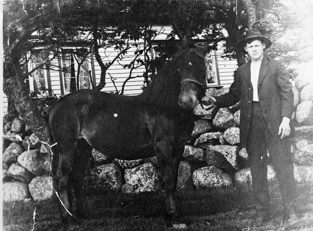Rasmus Kluge (1892 - 1963) med hest framfor steingarden og våningshuset.