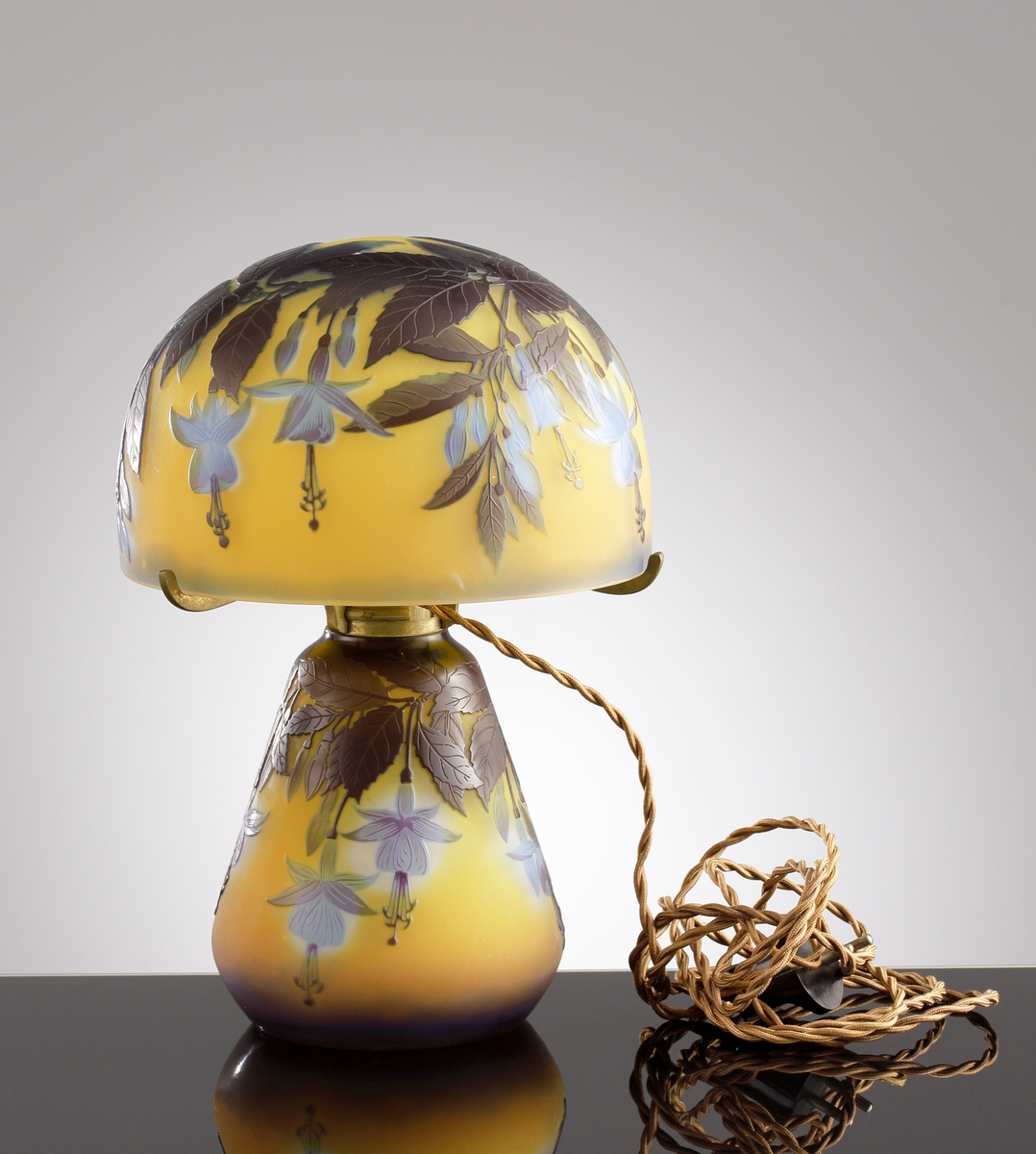 Gul opak lampa med växtmotiv. Etsat överfång i blått och gråbrunt.
Metallfattning för glödlampa. Tvinnad textilsladd.
