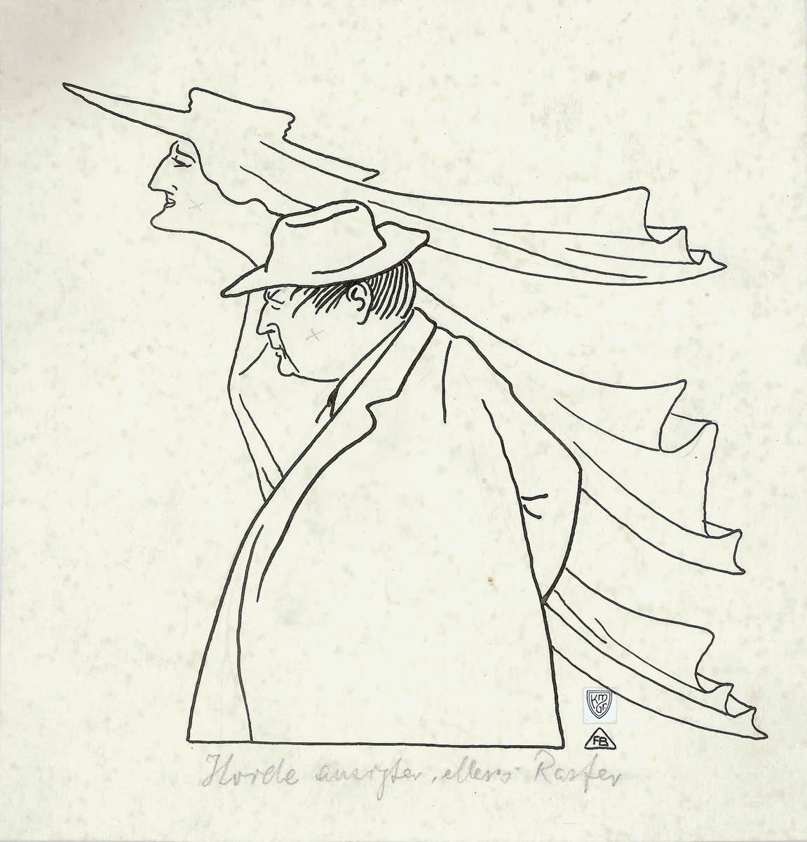 Karikatur av: A) Larsen, Alfhild  B) Stormoen Harald
Knebilde, begge hel ved profil. B er et hode mindre enn A. A er iført stor hatt og flagrende gevanter.