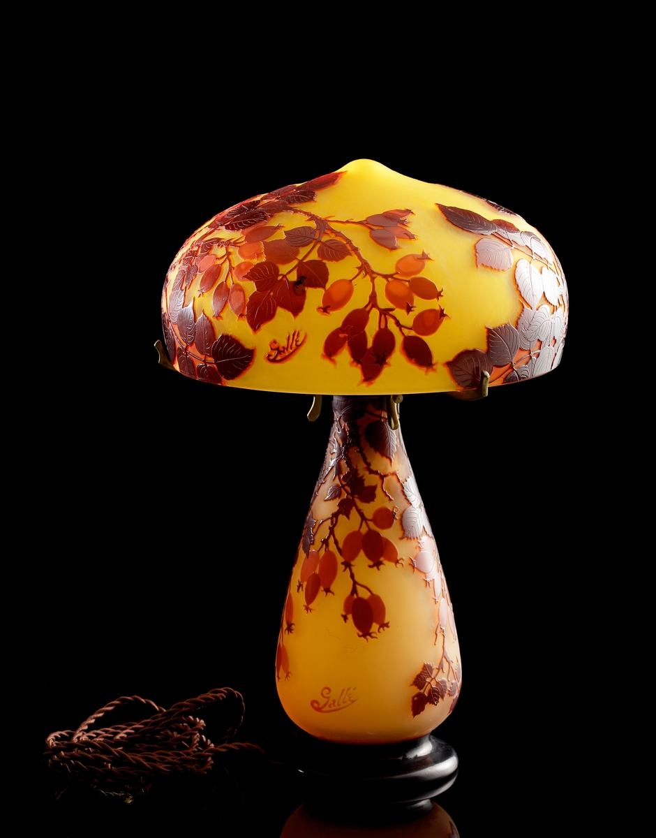 Lampa i skiftande gult, opakt glas. Dekor i rödbrunt etsat överfång. Motivet föreställer nyponkvistar.
Metallfattning för glödlampa. Tvinnad textilsladd.
Etikett: Skadad men "GALLÉ PARIS" kan uttydas.