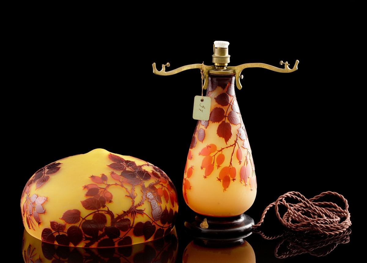 Lampa i skiftande gult, opakt glas. Dekor i rödbrunt etsat överfång. Motivet föreställer nyponkvistar.
Metallfattning för glödlampa. Tvinnad textilsladd.
Etikett: Skadad men "GALLÉ PARIS" kan uttydas.