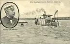 Vykort med motiv över Ångfararen Dufvan utanför Östrand julen 1905 samt en infälld bild av kapten J. P. Näsman.