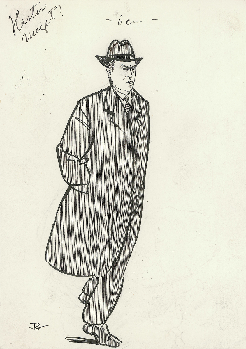 Hel figur, 1/2 høyre profil. Iført bløt hatt og frakk. Går med høyre hånd i lommen.