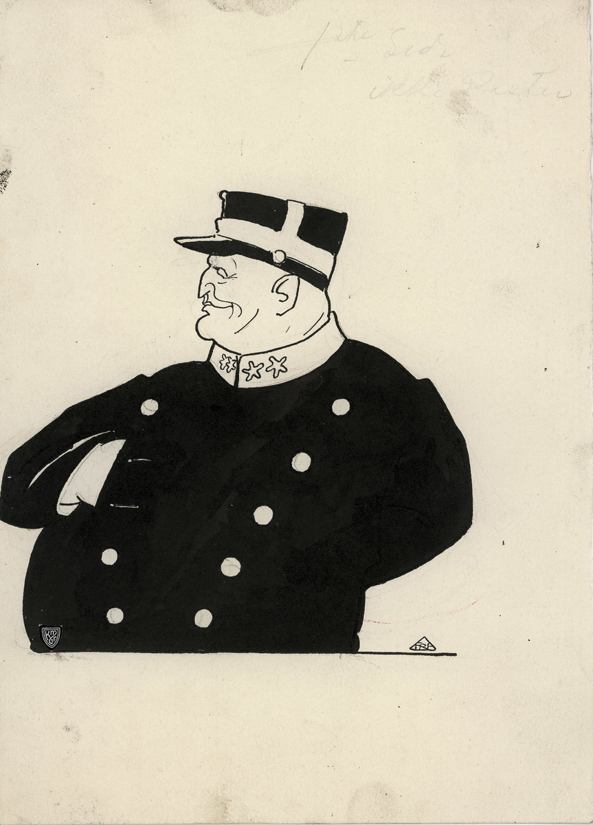 Hoftebilde. Hodet hel venstre profil. Kroppen en face. Iført uniform. Hans høyre hånd er stukket innenfor uniformsjakken.