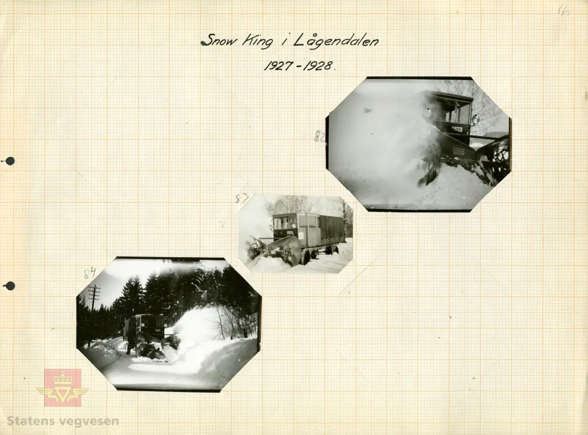 Bilde 1) Snow King påmontert FWD lastebil med registreringsnummer G-9110,  for utprøving av roterende snøplog.  Bildet er illustrert i "Meddelelser fra Vegdirektøren", Nr. 12-1928, jf. "Nyere snerydningsmetoder. Forsøk med roterende sneploger i Lågendalsruten. Av driftsbestyrer Sigurd Hagen. I artikkelen omtales to roterende ploger. Den ene roterende sneplog var den amerikanske "Snow King", anskaffet av og stillet til disposisjon for Lågendalsruten av Vestfold Fylkes Veivesen. Den andre en norsk utførelse, konstruert og forarbeidet av rutens reparatør, Ivar Høgsveen. 
Stortinget bevilget i 1924 midler til opprettelse av "statens forsøksbilruter" for bla. rute mellom Larvik og Kongsberg. Til ruta ble det innkjøpt 2 stk. FWD 25 seters omnibusser, 2 stk. kombinerte biler for 2,5 t gods og 6 passasjerer, samt 3 stk. 2 ton tilhengere (2 med lukket og 1 med åpent karosseri). Kilde: Meddelelser fra veidirektøren nr 2 - febr. 1926. 
Bilde 2) Helside i dette album viser Snow King påmontert FWD lastebil 1927-1928. 

Bilde 3) Viser til bilde NVM 00-F-33562 i albumet "Snebrøyting", og snørydding med Snow King påmontert  FWD i Lågendalen 22.02.1929. 
Bilde 4) Viser helside i album "Snebrøyting". 

Refererer til "Meddelelser fra Veidirektøren", Nr. 10- og Nr. 11-1931: "Snerydningen på våre veier vinteren 1930-1931".