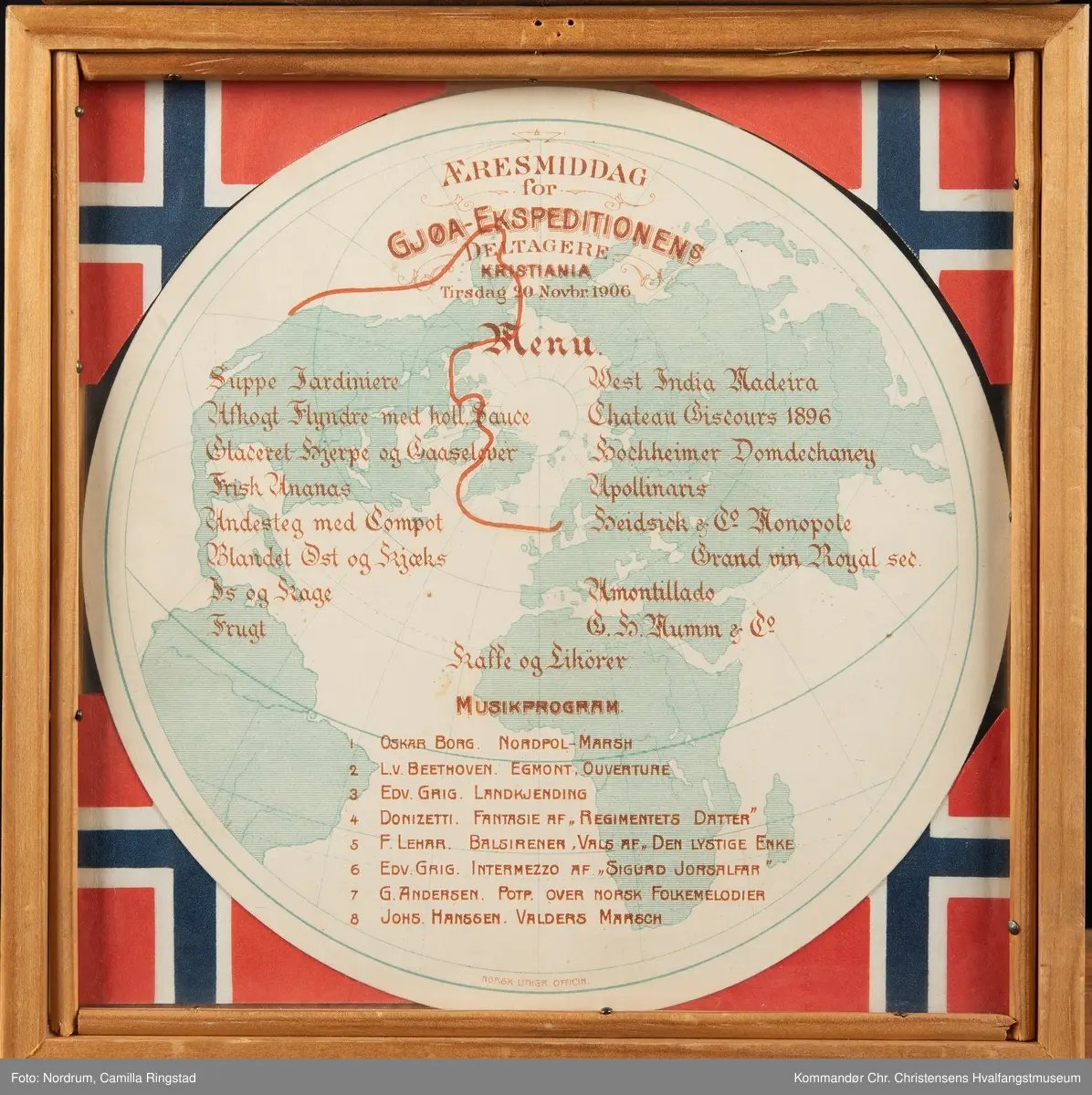 Meny til æresmiddag for Gjøaekspedisjonens deltagere i Kristiania.