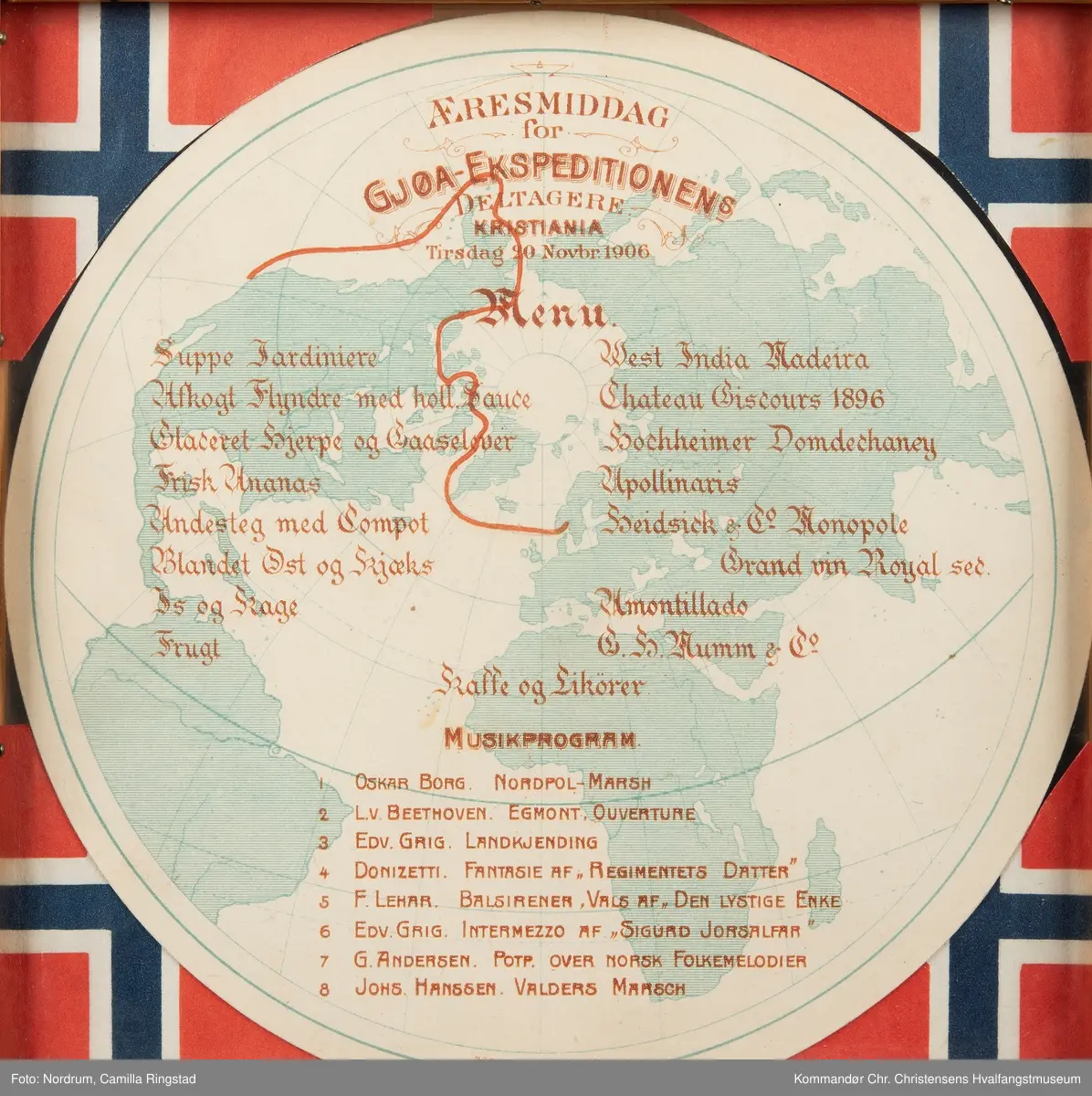 Meny til æresmiddag for Gjøaekspedisjonens deltagere i Kristiania.