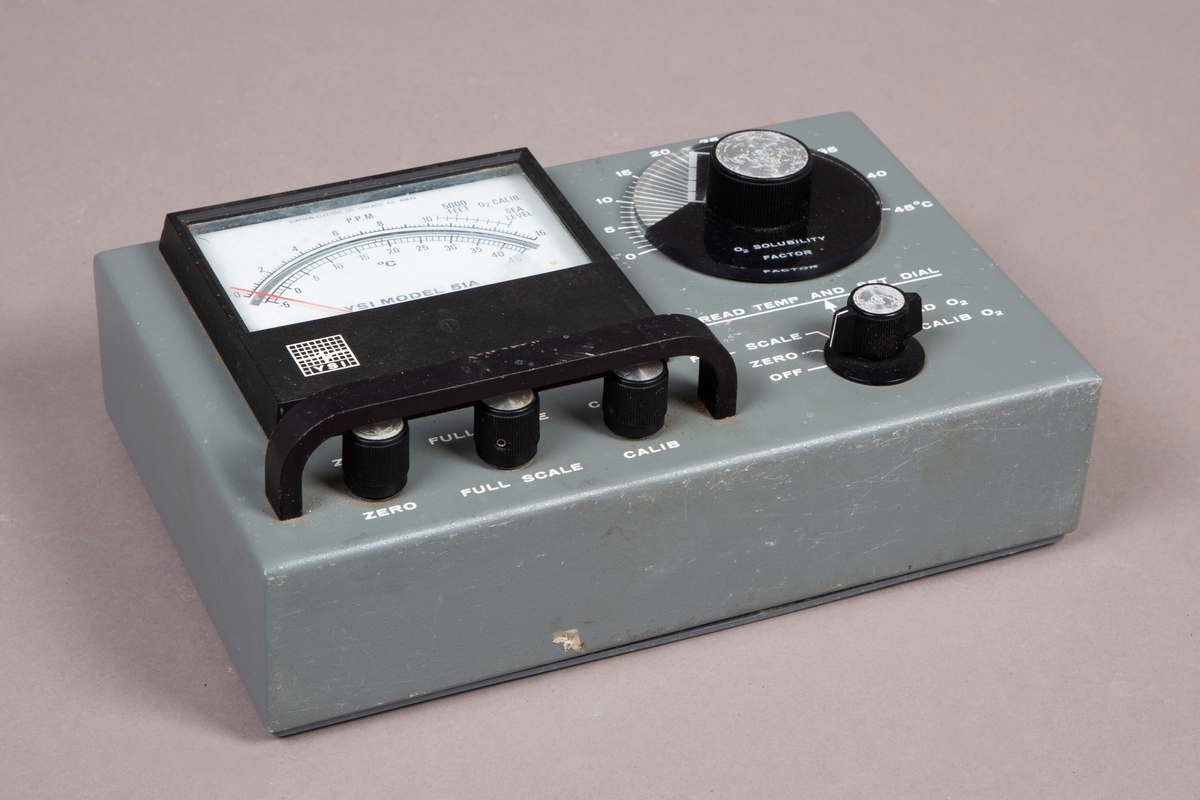 Bærbart meter for å måle oksygen i vann. 
Panel i front med vindu for avlesing av verdier  og justering av måleverdiger.