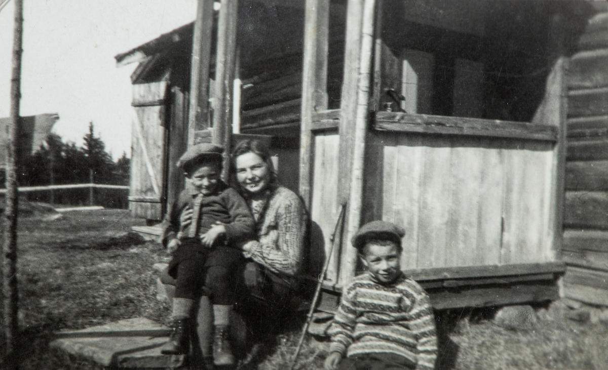Sæterholen, ved Harasjøen, Vallset, Stange. Sigurd Myhre, Petra Dagfinrud og Olaf Hoff sittende på trammen.