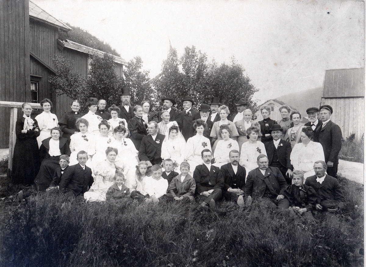 Fra bryllupet til Henry Lukkassen og Signe Zahl Lukkassen (f. 1886) i 1905. Henry var kaptein fra Sandnessjøen. Signe var datter av Ane Pernille Zahl (f. 1848, pikenavn Andersen) fra 
Ner-Handå og Fredrik Zahl (f. 1851). 1. rekke fra venstre: kan være Monrad Vibstad, ukjent, Kristine Søberg Rostad (datter av Mikal og Marta Olsen), Tor Zahl, ukjent (kan være frk. Søberg), ukjent , ukjent, Finn Zahl, ukjent, Thorvald Zahl, Henning Walnum, ukjent, Andreas Walnum. 2 rekke fra venstre: Kristine Zahl, ukjent, Lina Walnum, ukjent, brudgom Henry Lukkassen, bruden Signe Zahl Lukkassen, Marie Berg (datter til Kaja og Gunnar Berg, gift Bech), Ragna Walnum (gift med trygdesjef Winther), ukjent, ukjent (kan være Ivar Anker-Olsen), Anna Walnum (gift med Trygve Berg) 3. rekke: ukjent, ukjent, Kaja Berg (1850-1937, fra Velfjord, pikenavn Olsen, gift med klokker Gunnar Berg), Anna Berg (datter til Gunnar og Kaja Berg, gift Sørensen), ukjent, Ane Zahl (pikenavn Andersen, brudens mor), Marta Olsen (pikenavn Andersen (søster til Ane Zahl, gift med Mikal Olsen), klokker Gunnar Berg (1841-1925, gift med Kaja Olsen), Ida Walnum (fra Sverige, pikenavn Hellgren, gift med Henning Walnum), brudgommens mor Dorothea Lukkassen (født 1850, pikenavn Jensen), en av søstrene til brudgommen frøken Lukkassen (gift Hofstad), Lovise Zahl (pikenavn Valle), Magna Hovde Bøe, Mikal Olsen (f. 1835, hadde tidligere vært organist i Nesna, flyttet til Træna og ble ordfører der. På sine gamle dager kom han tilbake til Nesna og ble bankkasserer, gift med Marta Andersen), Sigurd Handå. 4. rekke: Oline Andersen Handå, ukjent, Ragnhild Johansen Jennestad (datter av Mikal og Marta Olsen), ukjent, Brudgommens far Johan Henrik Lukkassen (f. 1847), ukjent, doktor Trygve Berg (1870-1927, giftet seg i 1900 med Anna Walnum).