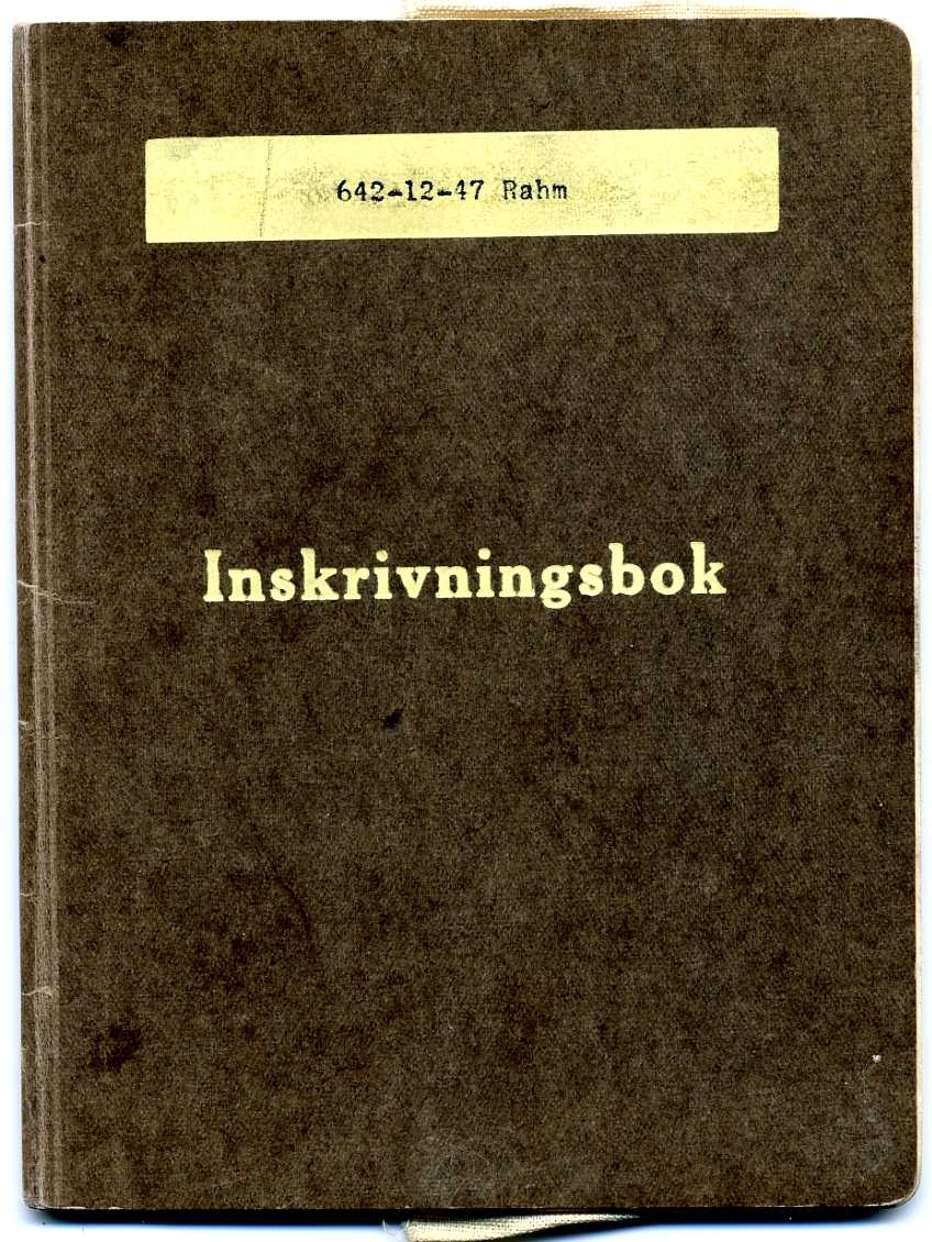 Litet ljusbrunt häfte märkt: "642-12-27 Rahm" samt "Inskrivningsbok" - 1946 års upplaga. Använd under perioden 1947-1966.