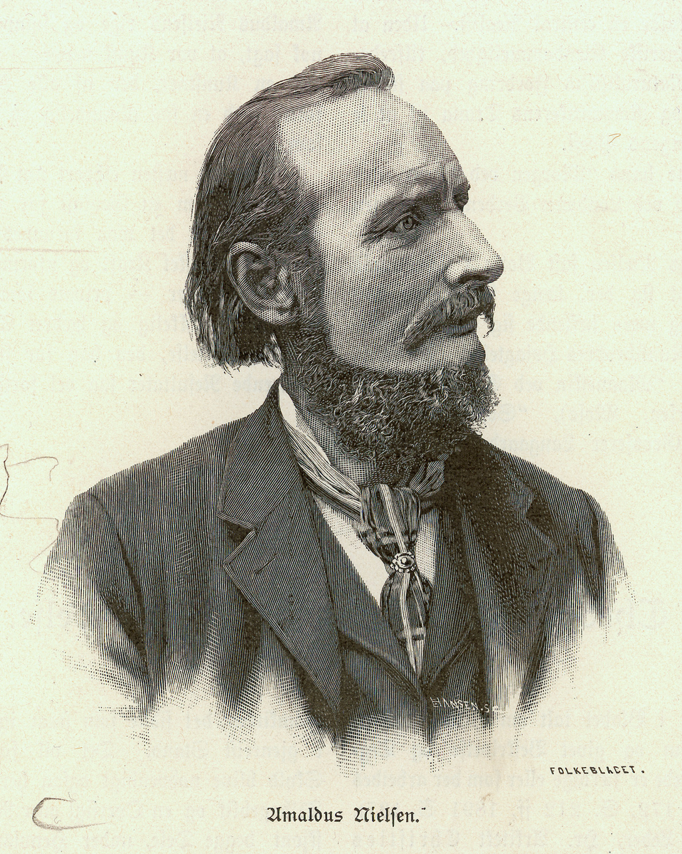 brystbilde, kroppen en face med liten dreining til høyre, hodet 1/2 høyre profil. Tynt, stritt hår ned i nakken, kinnskjegg og skjegg under halen, mustasje. Høy panne, stor nese, innfallen hake. Om halsen et rutet skjerf uten snipp.