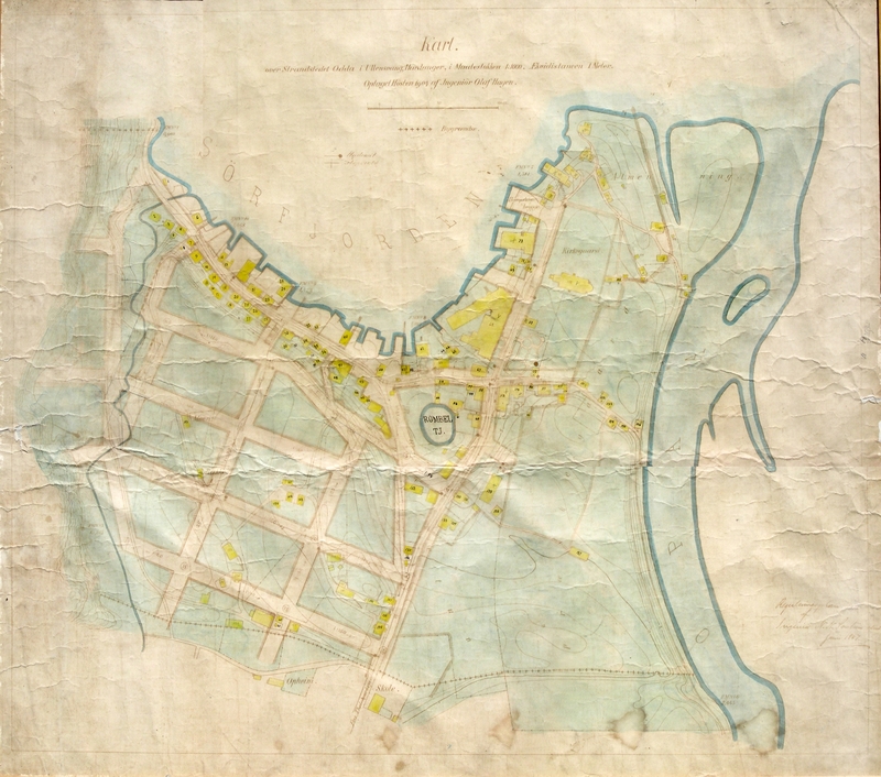 Kart og reguleringsplan over Odda sentrum frå 1907.