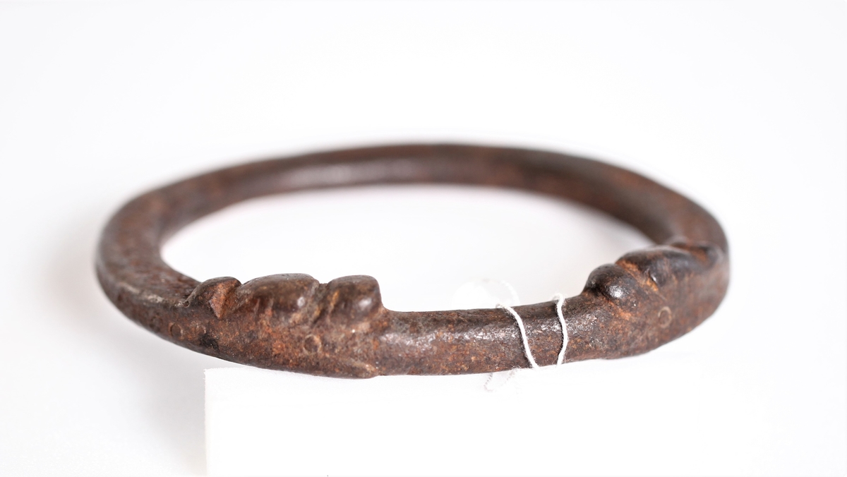 Oval, glatt smidd ring. To dyrehoder (ormehoder) vender mot hverandre og i munnen holder de ringen. Innslåtte ringer rundt på dørringen.