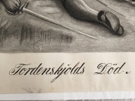 Tegningen viser Tordenskiolds død i 1720. Ved hans side sitter Kammertjener Christian Kold.