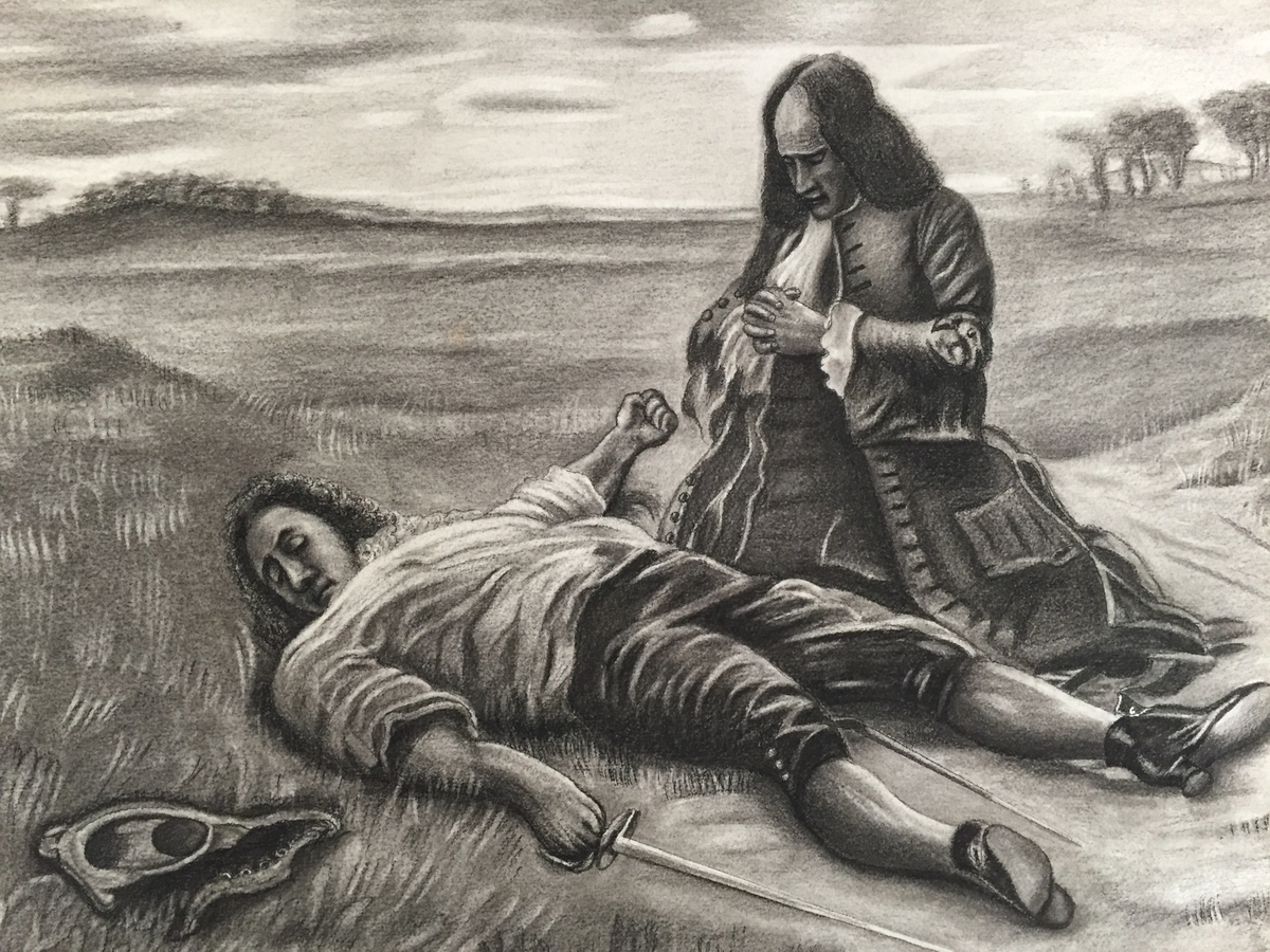 Tegningen viser Tordenskiolds død i 1720. Ved hans side sitter Kammertjener Christian Kold.