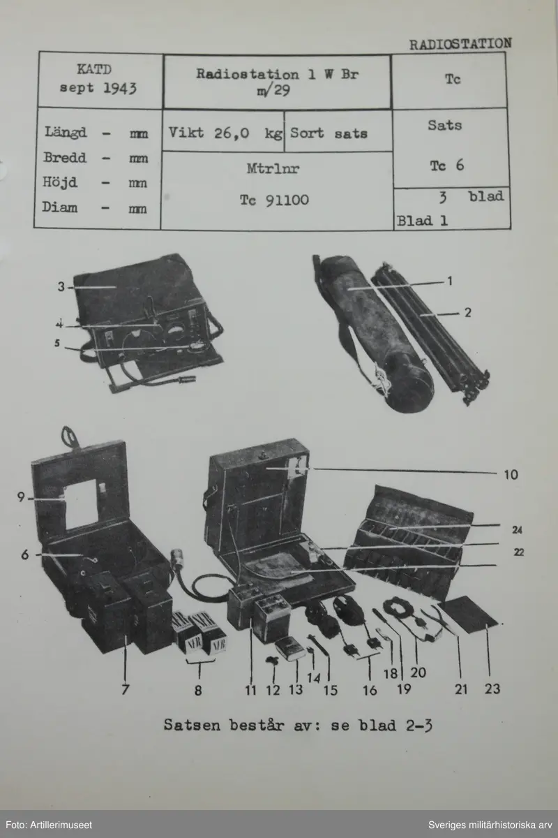 1 watt Bärbar Radiostation (1 W Br m/28), Arméns första bärbara radiostation.
Ur SoldI Signal 1942:
Stationen är utförd för telegrafering. Räckvidden är omkring 5 km. Frekvensområde 3700-6000 kHz indelat i 9 områden genom byte av kondenstaorenhet.
Stationen består av följande delar.
Apparatlådan med sändare och mottagare sammanbyggda, 3 A-rör för mottagning; ett av dem användes även för sändning. 
Batterilådan innehåller 2 seriekopplade batterier, A 63, om vardera 63 volts spänning. 
Materiallådan innehåller packningsutrymme för 2 hörtelefoner, verktyg mm, 1 ackumulatorbatteri om 2 ackumulatorer, D 10, som giva glödström till rören, samt 1 telegraferingsnyckel. 
Antennramen bäres vid transport hopfälld i ett koger. När stationen är upprättad, är ramen utfälld och fastsatt i ramfötterna på apparatlådan.
Radiostationen upprättas på följande sätt.
Apparatens anslutningskabel anslutes till batterilådan och materiellådans anslutningskabel till apparatlådan. Ramen utfälldes och fastsättes i ramfötterna på apparatlådan. Hörtelefonerna anslutas.
På frekvenstabellen i materiallådans lock avläses vilken kondensatorenhet och vilket gradtal, som gäller för den anbefallda frekvensen.
Kondensatorenheten fastskruvas mellan ramfötterna med hjälp av hylsnyckeln och frekvensskalan inställes på angivet gradtal.
Omkopplaren på vänstra delen av frontplattan ställes i läge S. För att erhålla kontroll på att apparaten svänger vid sändning nedtryckes nyckeln. Härvid skall visarutslag erhållas. Vid beröring av ramändan med handen skall visarutslaget ändras.
Härefter ställes omkopplaren i läge M. Potentiometern, som sitter mitt på frontplattan, vrides långsamt från läge O samtidigt som ramändan upprepade gånger beröres med handen.
Potentiometern inställes i det läge, där knäpparna i hörtelefonen börja höras särskilt kraftigt (vanligen omkring läge 3).
Genom att hålla frekvensratten rörlig några delstreck på ömse sidor om det angivna gradtalet uppsökes motstationen.
Kuriosa:

Stationens upprättande enligt Signaltruppinstruktion Del I 1942 års upplaga.
För stationens upprättande avses två man nr 1 (ch) och nr 2.
Sedan nr 1 angivit stationsplats och förbindelseriktning upprättas station på kommando: “Bygg station!” enligt nedanstående arbetsfördelning.
Nr 1 nedlägger batterilådan med bärremsfästena i förbindelseriktningen och lockets låsanordning åt det håll, varåt man önskar apparatens frontplatta samt med locket uppåt, nedlägger apparatlådan ovanpå batterilådan med bärremsfästena i förbindelseriktningen och locket åt det håll varåt frontplattan önskas, verkställer kondensatorbyte, om så erfordras, och ställer in kalibreringskondensatorn i enlighet med kalibreringstabellen, lösgör läderskydden på apparatlådans sidor och spänner dem tillsammans,
öppnar apparatlådans lock, ansluter anodkabeln.
Nr 2 nedsätter materiellådan på lämplig plats i närheten av apparatlådan ( i regel på högra sidan), framtager ramen ur kogret, utvecklar densamma, insätter ramen i apparaten, fastlåser ramens ändar samt åtdrager ramskruvarna.
Vid ramens utvecklande iakttages följande: den hopfällda ramen fattas ungefär på mitten med högra handen och hålles vågrätt med ramändarna vända nedåt och vilande på underarmen. Den vänstra handen fattar om mittpunkten på båda överst liggande ramdelarna vilka upplyftas, varvid de i mitten liggande ramdelarna föras uppåt och framåt tills stoppklackarna taga emot. Ramen
balanseras därefter i högra handen, vänstra handen fattar därefter om mitten av den vänstra yttersta ramdelen, varvid högra handen bibehåller greppet om den högra yttersta. Händerna föras utåt från varandra, varvid tillses att ramdelarna stöda mot klackarna. Ramen lutas härvid något framåt. Ramändarna inskjutas därefter genom gummiskydden i ramfötterna. Hävarmarna på 2ramfötterna nedpressas.
Vingmuttrarna åtdragas kraftigt.
För att kontrollera att ramskruvarna pressat ihop ramdelarna tillräckligt hårt, göres försök att rubba någon av de 4 mellersta ramdelarna ur deras inbördes läge.
Nr 1 öppnar materiellådan, framtager anslutningskabeln samt ansluter densamma, Vid otjänlig väderlek anbringas nyckeln utanpå lådan, som stänges,
Framtager hörtelefonerna, ansluter desamma samt påtager den ena,
Inställer och provar apparaten.
Nr 2 tager plats vid sidan av nr 1 samt påtager den andra hörtelefonen.

Underlag till ”beskrivning” är i huvudsak hämtat ur Försvarets Historiska Telesamlingar
Armén, sammanställning över arméns lätta radiostationer under 1900-talet av
Sven Bertilsson och Thomas Hörstedt (Grön radio).

