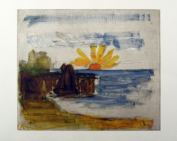 Litografi av Carl Kylberg, som ingår i en grafikmapp med 10 onumrerade litografier med biografi av Gustaf Näsström - från 1953. Motiv: Solnedgång över vatten.